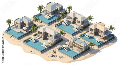 Isometric aerial view of several luxury villas, each featuring a private pool and surrounded by palm trees, set on a sandy beach with calm turquoise water and a light, airy, summery