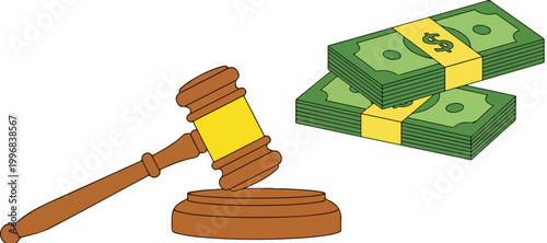 Legal gavel and cash money bundles vector illustration, wooden judge hammer with stacks of green dollar bills, concept of court fines and corruption