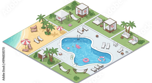 Overhead isometric illustration showcasing a luxurious vacation resort featuring a swimming pool with inflatable toys, a sandy beach area with lounge chairs, cabanas, and palm trees, all