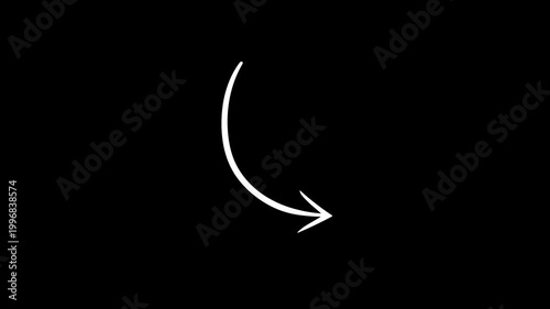 Hand-drawn arrow animation video. Sketch marker arrow, curved arrow direction indicator to the right, black background, 4k video.