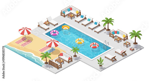 Isometric illustration depicts a swimming pool area with lounge chairs, umbrellas, inflatable rings, and small palm trees, set against a white background in a bright and inviting color