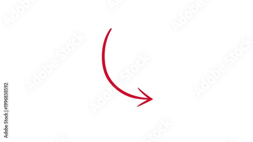hand drawn red arrow animation, arrow curving to the right on transparent background, motion graphics, 4k video