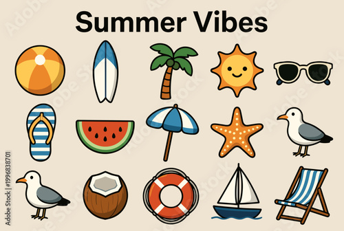 A collection of colorful summer and beach-themed cartoon icons including a beach ball, surfboard, palm tree, sun, sunglasses, flip-flops, watermelon, umbrella, starfish, seagull, coconut, lifebuoy
