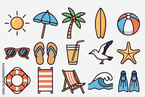 A vibrant collection of summer and beach-themed icons including sun, umbrella, palm tree, surfboard, beach ball, sunglasses, flip-flops, drink, seagull, starfish, lifebuoy, beach mat, beach chair