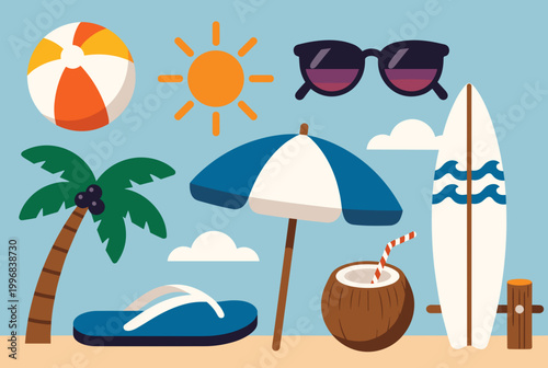 A vibrant collection of summer and beach essentials including a beach ball, sun, sunglasses, palm tree, umbrella, surfboard, flip-flops, and a refreshing coconut drink on a sandy shore.