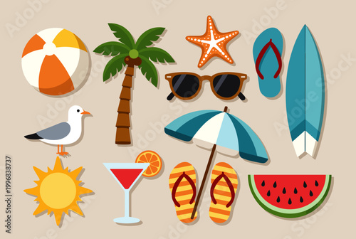 A vibrant collection of summer and beach essentials including a surfboard, palm tree, sunglasses, and a beach ball.
