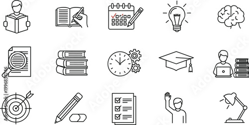 Education and learning line icons set with books study schedule and creative ideas vector illustration