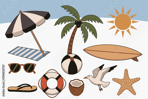 A collection of summer beach vacation essentials and elements, including a palm tree, umbrella, surfboard, and marine life.