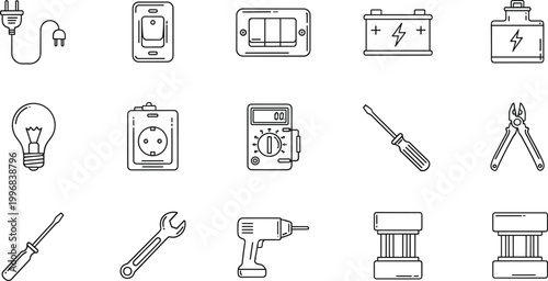 Electrical equipment and repair tools line icons set with switch battery drill and socket
