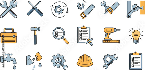 Billede på lærred Repair and maintenance flat icon set with tools checklist and construction symbo