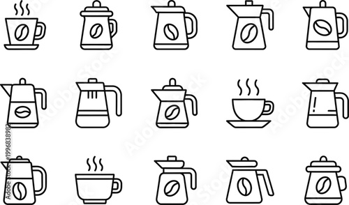 Black line coffee maker and cup icons.coffee, maker, cup, icon, line, black, vector, illustration.