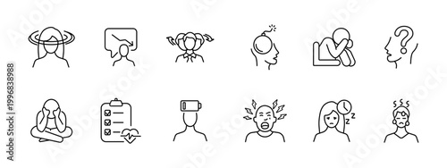 Mental health set icon. Hypnosis, consultation, stress emotion, anxiety bomb, depression pose, question head, meditation, therapy checklist, vr headset, anger shout, insomnia, burnout fatigue.