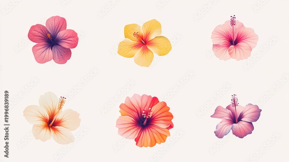 Fototapeta premium 68.Variety of hibiscus floral icons with graceful petal curves, clear contour precision, bold summer aesthetic, cohesive uniform thickness for consistent visual identity.
