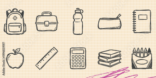 Black ink scribble doodle vector vintage hand drawn set of school supplies education backpack and learning