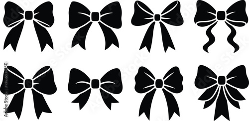 Black ribbon bow silhouette icons, set of 8 decorative gift bows, elegant satin bowknot vector elements for wedding invitations and holiday packaging
