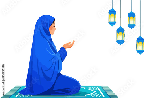 Muslim woman praying in blue hijab on prayer mat, Islamic religious illustration with hanging lanterns, spiritual devotion during Ramadan and Eid