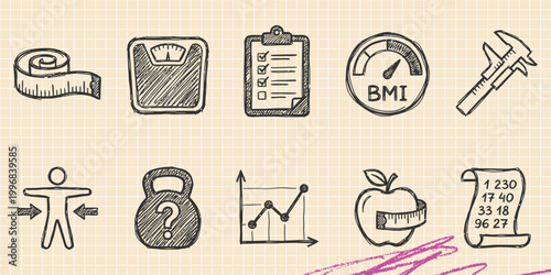 Black ink scribble doodle vector vintage hand drawn set of weight measurement diet and fitness scales