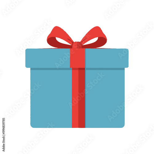 Blue gift box with red ribbon.