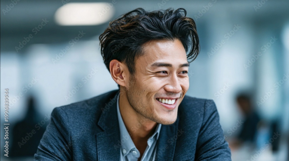 Obraz premium Smiling Asian businessman in a dark suit looking to the side with a confident expression
