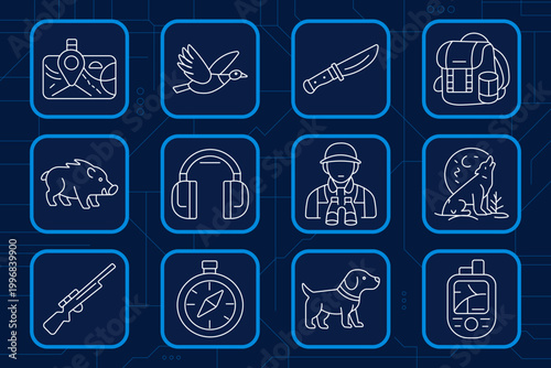 Recruitment set icon. Certificate award, career growth shield, resume clipboard, document check, salary calculator, coin stacks, briefcase scales, businesswoman profile, job board, team rating