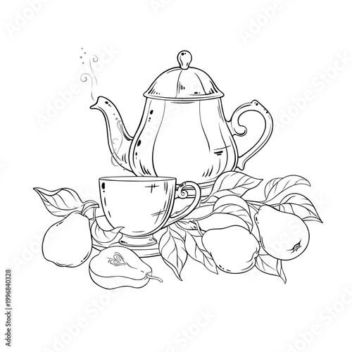 Pear Tea in Teapot aroma beverage Outline Illustration. Vector isolated for Design and Decoration for Cafeteria, Posters, Banners, Cards.