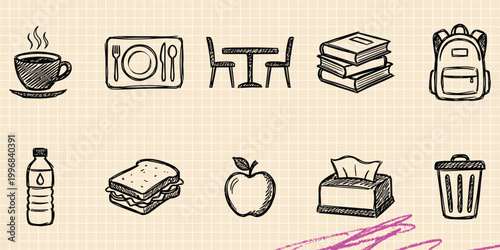 Black ink scribble doodle vector vintage hand drawn illustration of cafe coffee shop menu and restaurant