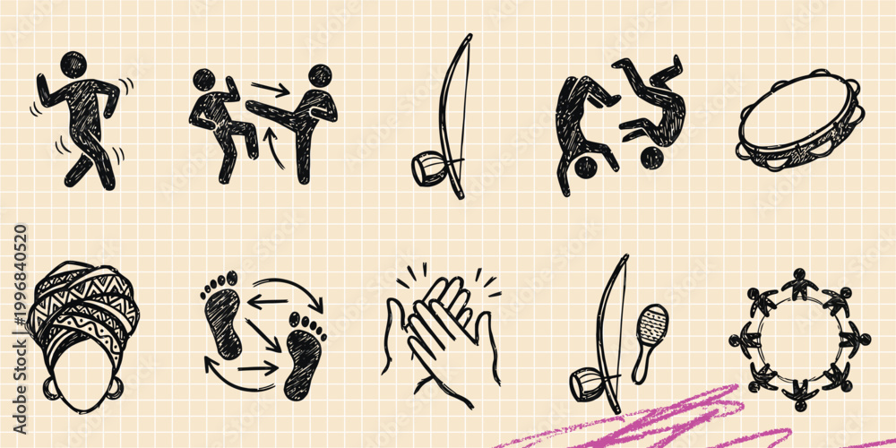 Obraz premium Black ink scribble doodle vector vintage hand drawn set of martial arts karate fighting and sports