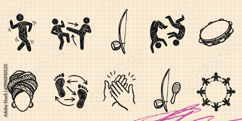 Black ink scribble doodle vector vintage hand drawn set of martial arts karate fighting and sports