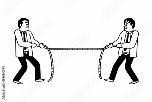 Businessmen, tug of war, rope, conflict, competition, black and white, vector illustration, office rivalry