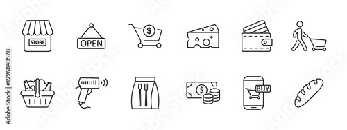 Retail shopping commerce set icon. Store open cart cheese wallet buyer basket scanner apron coupon mobile bread depict purchase sale market grocery