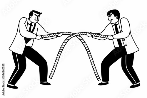 Businessmen, tug of war, rope, conflict, competition, monochrome vector illustration