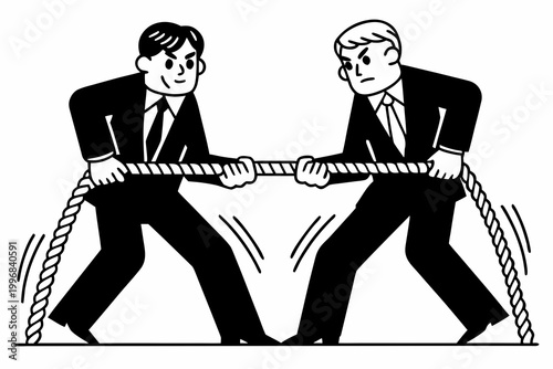 Businessmen, tug of war, rope, competition, vector illustration, black and white, office rivalry