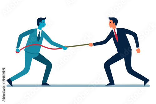 Businessmen, tug of war, rope pulling, conflict, competition, vector illustration