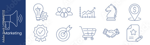 Marketing set icon. Collection with idea gear, team group, growth chart, chess knight, location dollar, quality badge, target arrow, shopping cart, handshake, review document