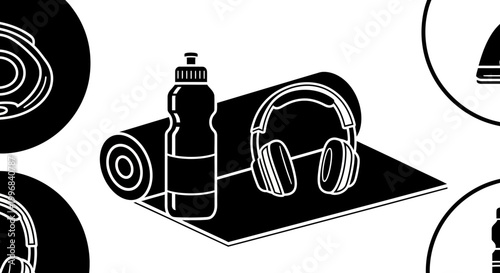 Black and white illustration of fitness equipment.