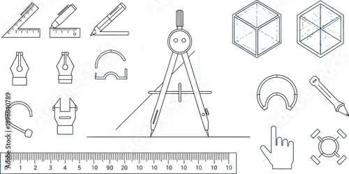 Drafting tools display various technical items.