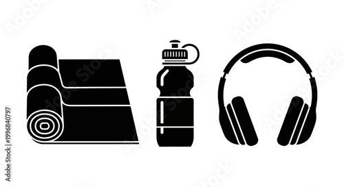 Black icons of yoga mat, water bottle and headphones.