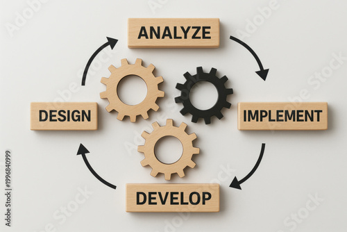 Business workflow cycle with gears and labeled wood blocks for analyze, design, implement, and develop. This strategic management process shows clean, organized concept