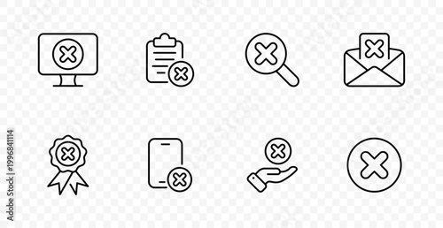 Error cancel set icon. System failure, rejected checklist, search mistake, deleted message, invalid certificate, blocked phone, denied support, close action
