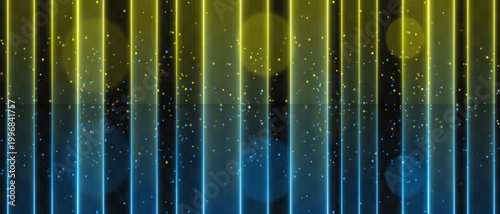 Green blue vertical light curtain composition. Bright glowing columns, green upper tones fading into deep blue lower glow, scattered spark particles, soft bokeh circles, dark backdrop, luminous