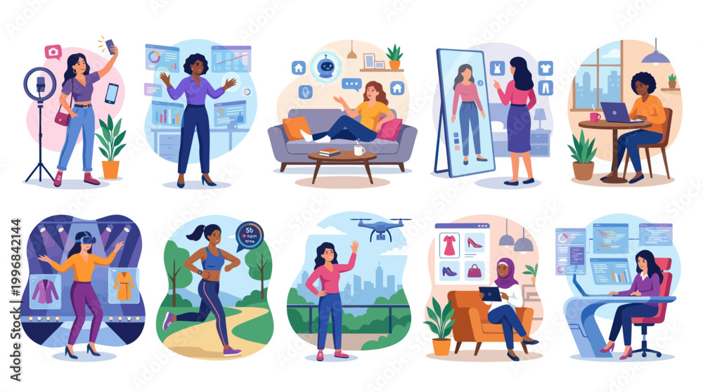 Fototapeta premium Flat Vector Art: Diverse Women's Modern Digital Lifestyles Technology Scenes
