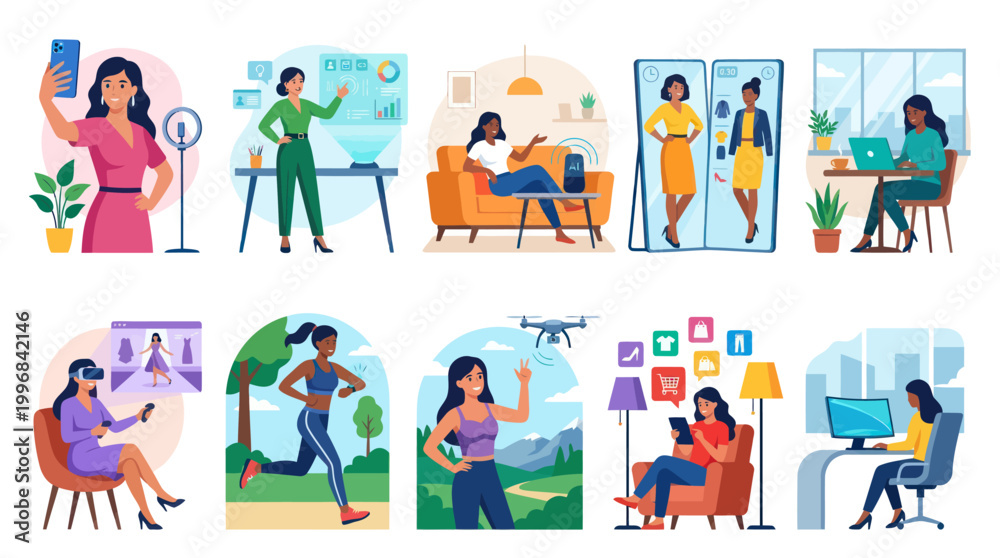 Fototapeta premium Flat Vector Illustrations of Modern Women Engaging with Digital Technology and Lifestyle