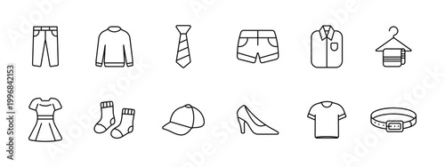 Fashion clothing apparel set icon. Pants sweater tie shorts shirt hanger dress socks cap heels belt depict wardrobe outfit textile style.