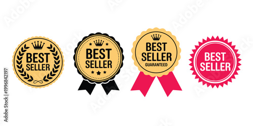 Sticker best seller premium gold and red badge icons isolated quality product label award style vector illustration design