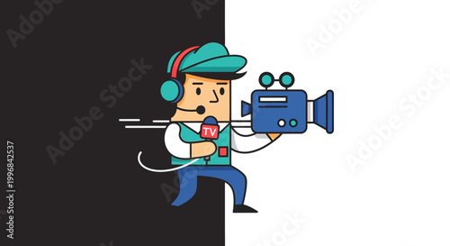 A cartoon cameraman in action recording video.