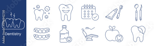 Dentistry set icon. Collection with unhealthy teeth, bacteria tooth, smiling tooth, calendar check, toothpaste, dental tools, braces, mouthwash, dental chair, apple tooth, cracked tooth.