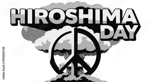 Foto Hiroshima Day peace sign nuclear explosion mushroom cloud in grayscale for anti-