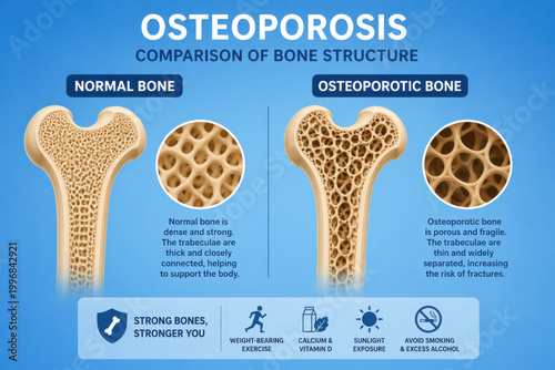 Osteoporosis comparison illustration showing normal vs porous bone texture. An educational medical diagram on clean blue background detailing bone structure for health awareness