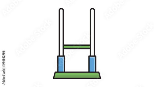 Rugby Goalpost Editable Stroke Vector Icon. Modern flat illustration of a sports goal post with blue padding and red crossbar on a green base, isolated on white background for web and print.