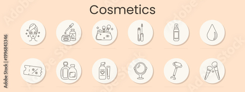 Cosmetics skincare set icon. Minimal line badges, woman face, serum dropper, makeup bag, mascara, spray bottle, water drop, discount ticket, perfume bottles, lotion pump, round mirror, razor